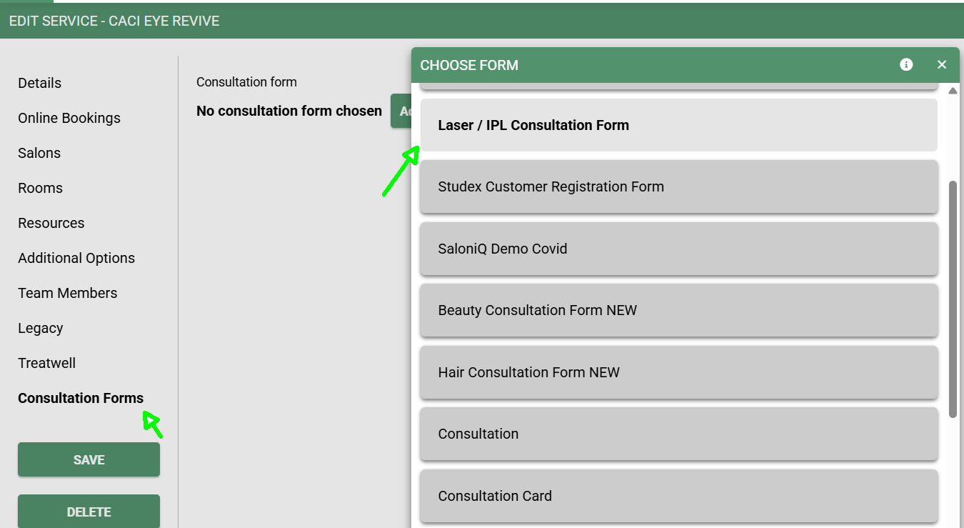 Attaching consultation forms to services and client confirmations